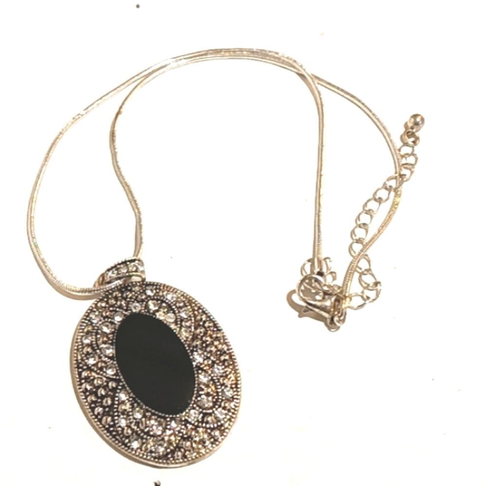 Silver Tone Necklace with Black Onyx Stone Medallion